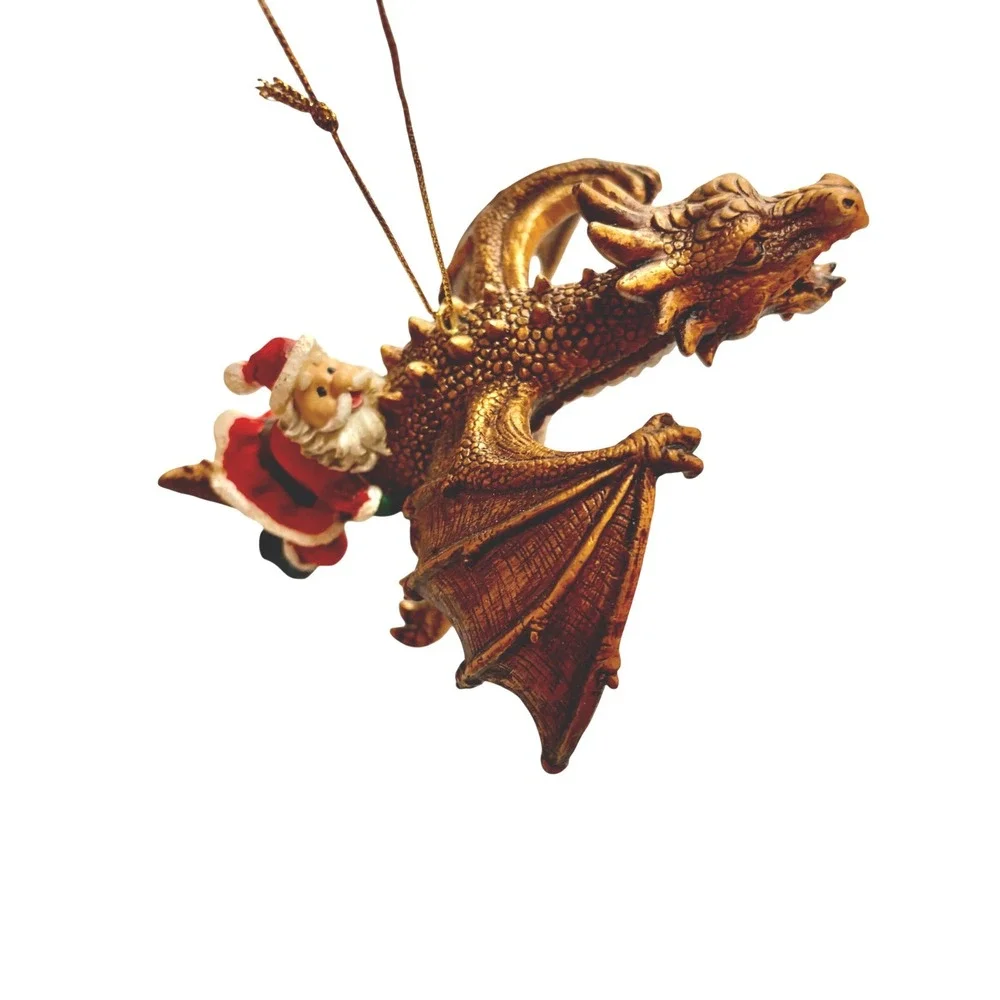 Santa Riding Dragon Christmas Ornament Bronze Fantasy Holiday Decor Mythical